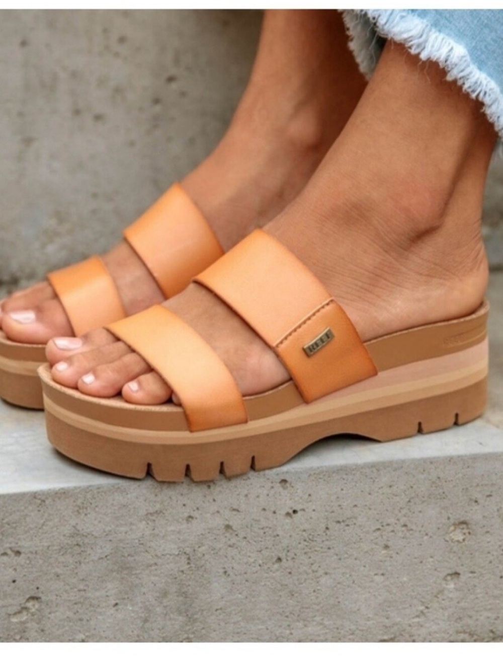 Reef Women's Orange Dual-Strap Platform Slide Sandals